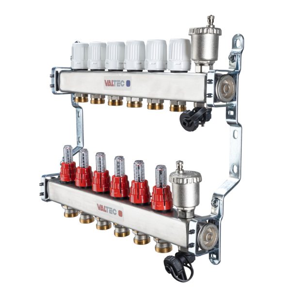 Коллект. блок VALTEC, из нерж. стали с регулир. клапанами и расходомерами, 1"х7 вых. Евроконус 3/4"