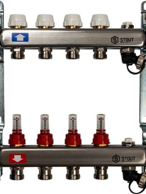 Коллектор из нержавеющей стали с расходомерами, с клапаном вып. воздуха и сливом 4 вых. STOUT