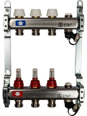 Коллектор из нержавеющей стали с расходомерами, с клапаном вып. воздуха и сливом 3 вых. STOUT