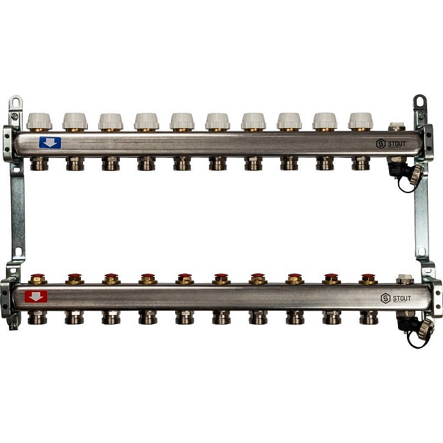 Коллектор из нержавеющей стали без расходомеров, с клапаном вып. воздуха и сливом 10 вых. STOUT