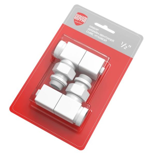 Набор дизайн-вентилей Royal Thermo CUBE, угловой (белый) 1/2"