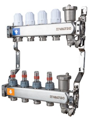 Коллекторный блок из НЕРЖ. стали с регул. клап. и расх., 1"х12 вых. Евроконус 3/4"