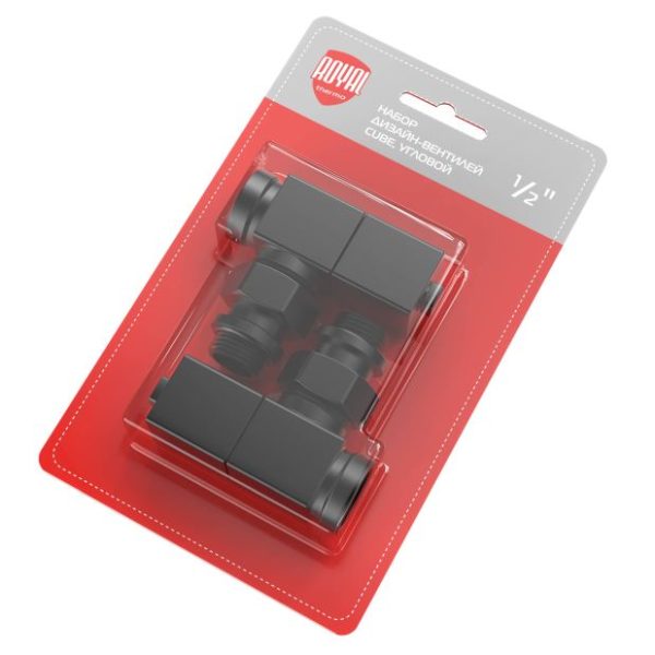Набор дизайн-вентилей Royal Thermo CUBE, угловой (черный) 1/2"